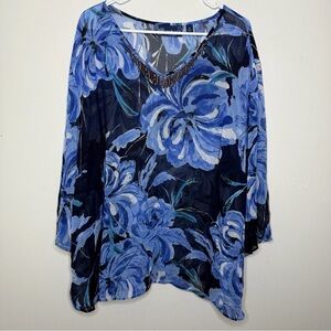 Susan Graver Style Women’s 3X Blue Floral Beaded Coastal Long Sleeve Sheer